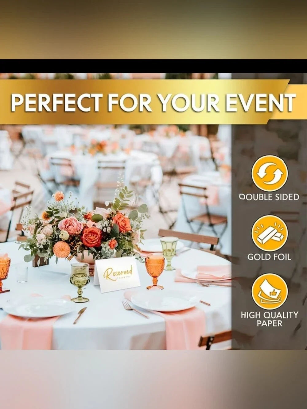 NEW TABLE RESERVE SIGNS 10 PER PACKAGE WEDDINGS/RECEPTION BLACK & GOLD 8 x 6